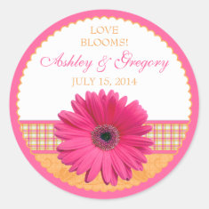 Pink Gerber Daisy Orange Plaid Ribbon Wedding Seal Round Stickers