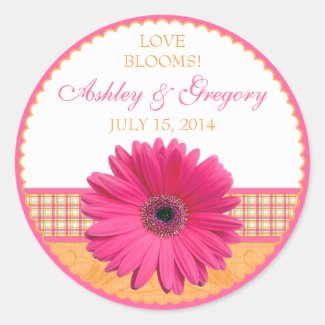 Pink Gerber Daisy Orange Plaid Ribbon Wedding Seal Round Stickers