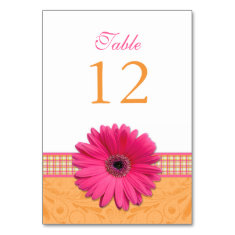 Pink Gerber Daisy Orange Plaid Ribbon Wedding Table Card