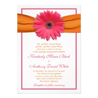 Pink Gerber Daisy Orange Ribbon Wedding Invitation