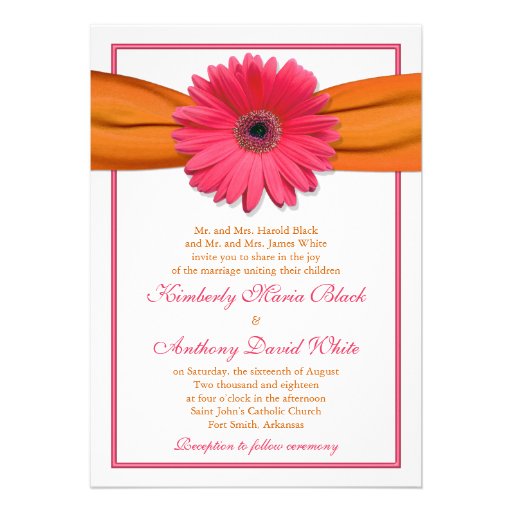 Pink Gerber Daisy Orange Ribbon Wedding Invitation