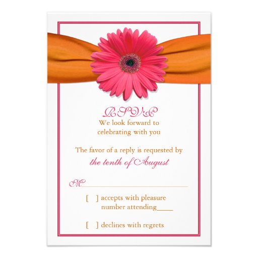 Pink Gerber Daisy Orange Ribbon Wedding RSVP Reply Custom Invitations