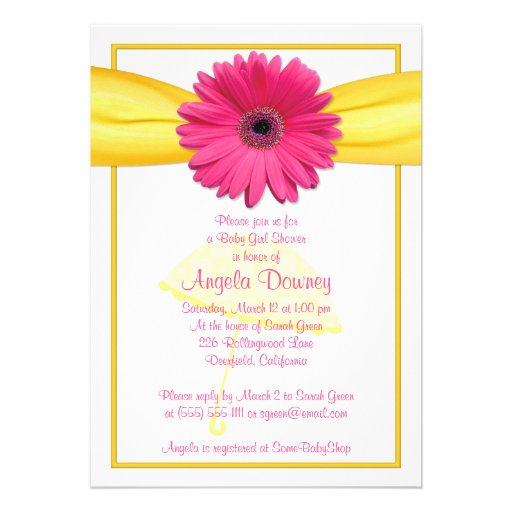 Pink Gerber Daisy Yellow Ribbon Baby Shower Invite