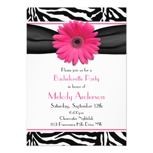 Pink Gerber Daisy Zebra Print Bachelorette Party Custom Invitations