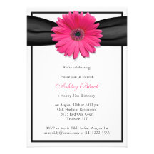 Pink Gerbera Black Ribbon Birthday Invitation
