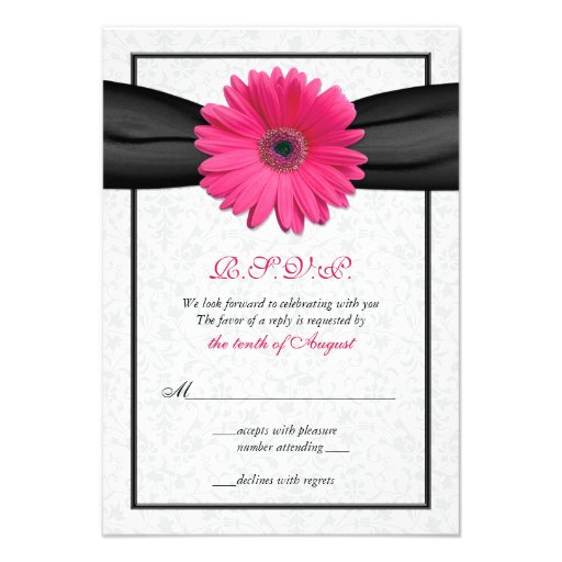Pink Gerbera Black Ribbon Wedding Reply Card Custom Announcement