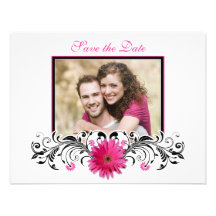Pink Gerbera Black White Floral Save the Date Card Custom Invites