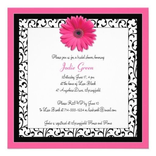 Pink Gerbera Daisy Black Bridal Shower Invitation