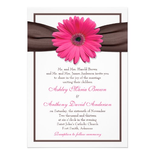 Pink Gerbera Daisy Brown Ribbon Wedding Invitation