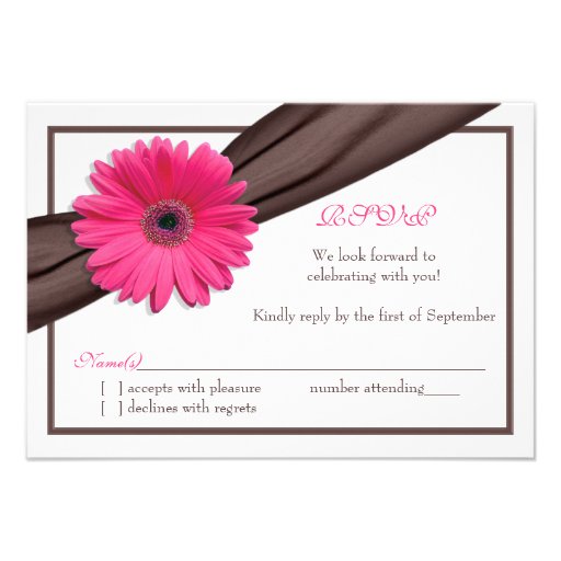 Pink Gerbera Daisy Brown Ribbon Wedding Reply Card (front side)