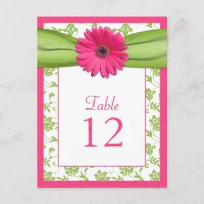 Pink Gerbera Daisy Green Damask Table Number Card Post Cards