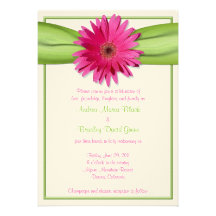 Pink Gerbera Daisy Green Ribbon Wedding Invitation