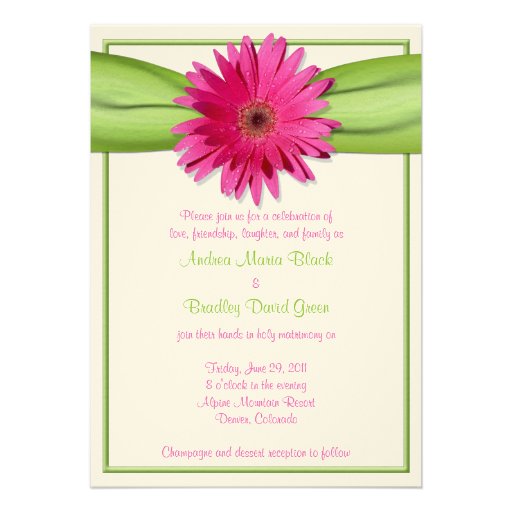 Pink Gerbera Daisy Green Ribbon Wedding Invitation