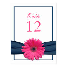 Pink Gerbera Daisy Navy Ribbon Table Number Card Postcards