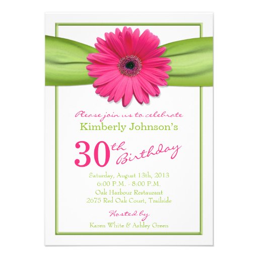 Pink Gerbera Daisy Orange Ribbon 30th Birthday Custom Announcement (front side)