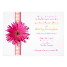 Pink Gerbera Daisy Plaid Ribbon Wedding Invitation