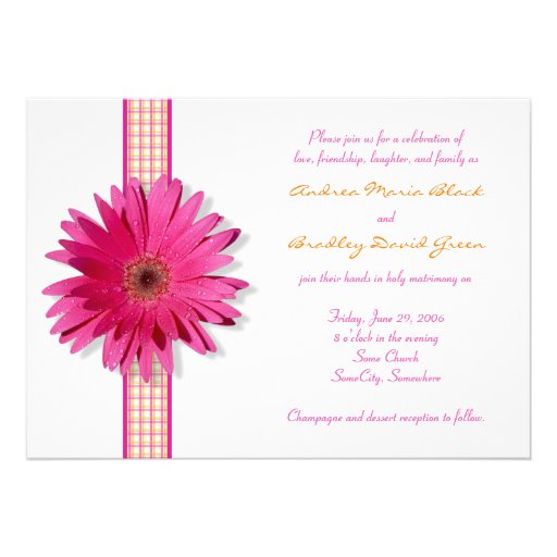 Pink Gerbera Daisy Plaid Ribbon Wedding Invitation