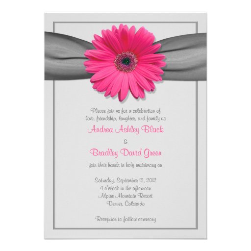 Pink Gerbera Daisy Silver Grey Ribbon Invitation