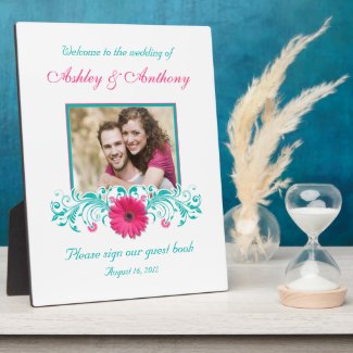 Pink Gerbera Daisy Turquoise Floral Wedding Photo sign plaque