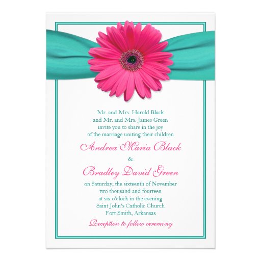 Pink Gerbera Daisy Turquoise Wedding Invitation