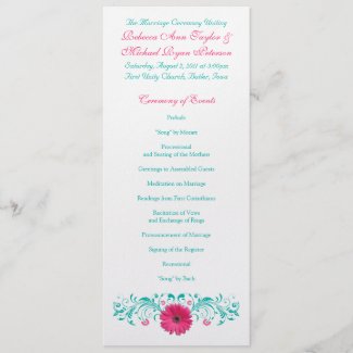 Pink Gerbera Daisy Turquoise Wedding Program invitation