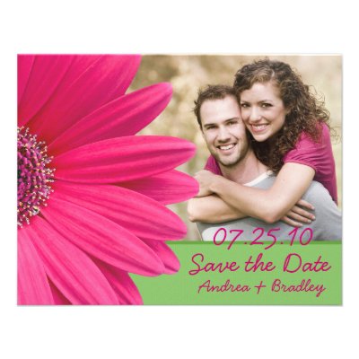 Pink Gerbera Green Photo Save the Date Card Announcements