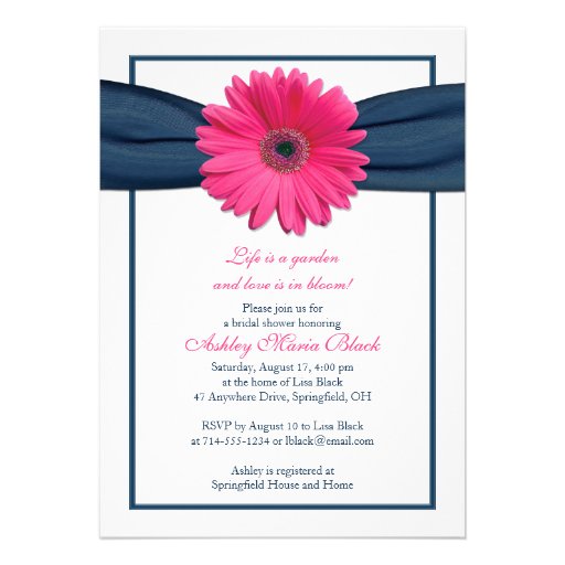 Pink Gerbera Navy Ribbon Bridal Shower Invitation