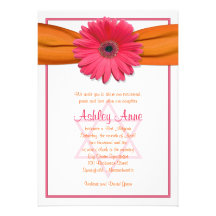 Pink Gerbera Orange Ribbon Bat Mitzvah Invitation