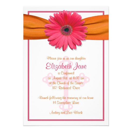 Pink Gerbera Orange Ribbon Confirmation Invitation