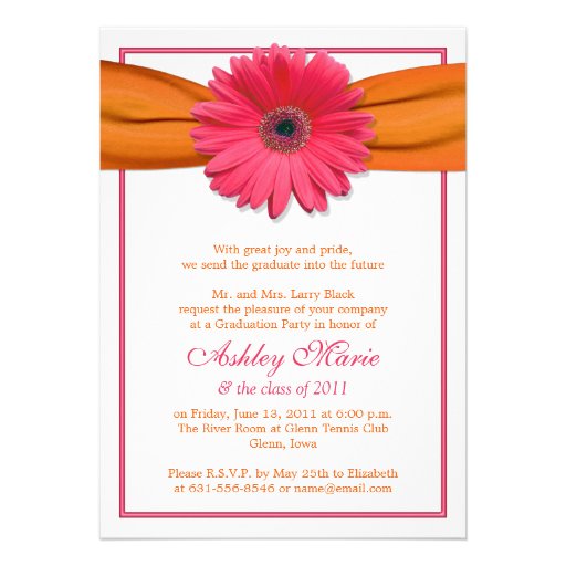 Pink Gerbera Orange Ribbon Graduation Invitation