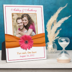 Pink Gerbera Orange Ribbon Wedding Photo Plaque