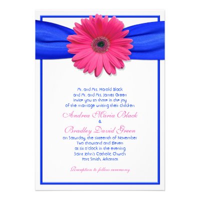 Pink Gerbera with Blue Satin Ribbon Invitation