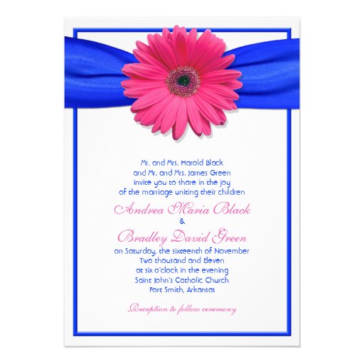 Pink Gerbera with Blue Satin Ribbon Invitation