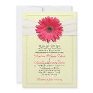 Pink Gerbera Ivory Ribbon Wedding Invitation