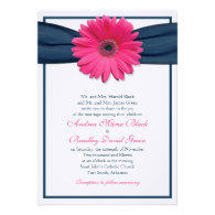 Pink Gerbera with Navy Ribbon Wedding Invitation