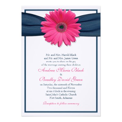 Pink Gerbera with Navy Ribbon Wedding Invitation