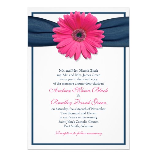 Pink Gerbera with Navy Ribbon Wedding Invitation