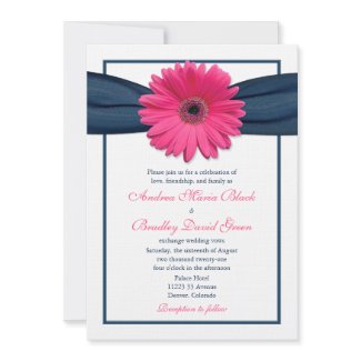 Pink Gerbera with Navy Satin Ribbon Invitation invitation