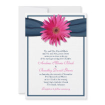 Pink Gerbera with Navy Satin Ribbon Invitation