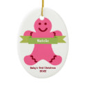 Pink gingerbread kid green banner name baby first ornament