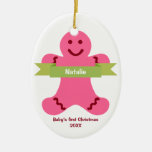 Pink gingerbread kid green banner name baby first ornaments