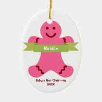 Pink gingerbread kid green banner name baby first ornaments