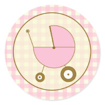 Pink Gingham Baby Carriage Sticker