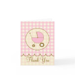 Pink Gingham Baby Carriage Thank You Card