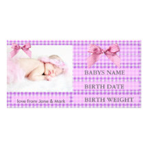 PINK GINGHAM BIRTH ANNOUNCEMENT CUSTOM PHOTO CARD