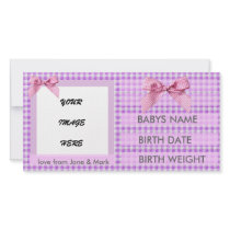 PINK GINGHAM BIRTH ANNOUNCEMENT photo cards by funny_tshirt PINK GINGHAM BIRTH ANNOUNCEMENT photo cards
