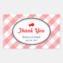Pink gingham country picnic red cherry wedding rectangle sticker
