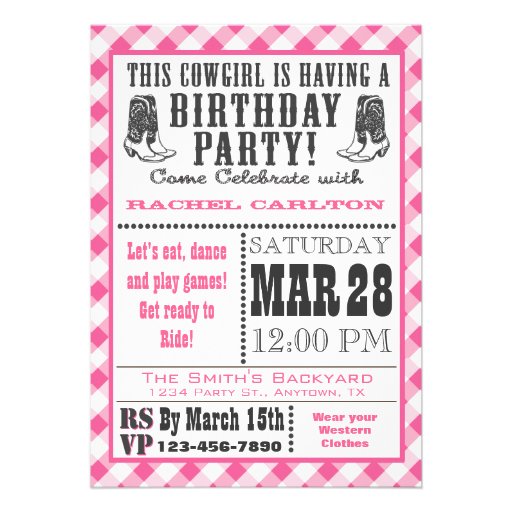 Pink Gingham Cowgirl Birthday Invitation