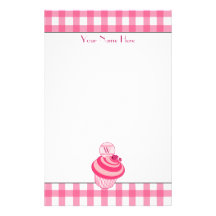 Pink Gingham / Raspberry Cupcake Stationery