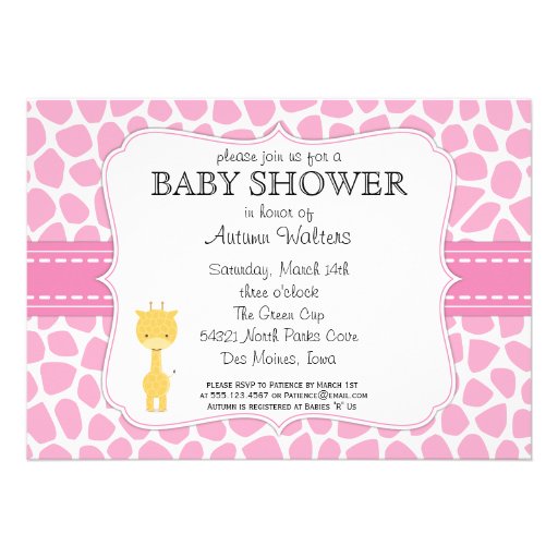 Pink Giraffe Baby Shower Invitations (front side)